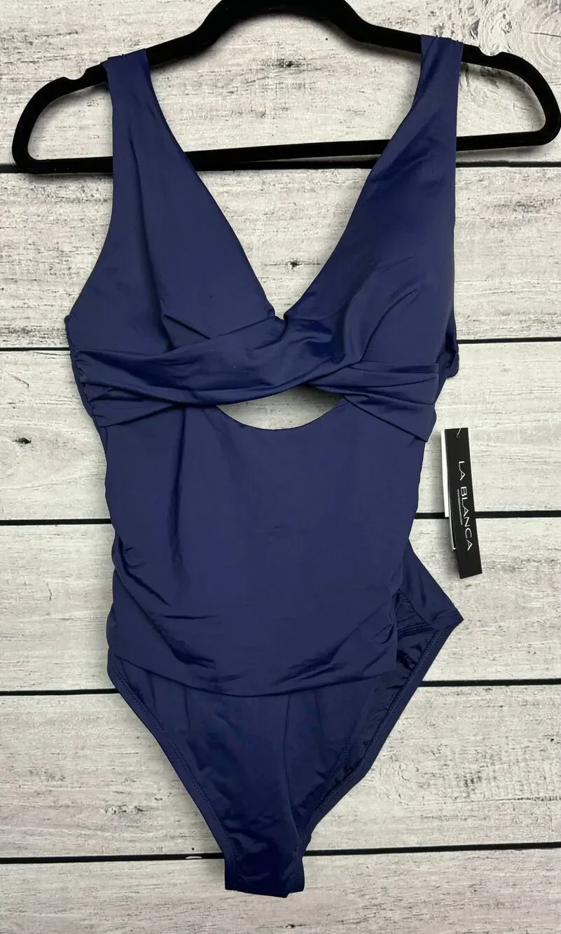 NWT Ladies La Blanca Blue Island Goddess Cross Front Keyhole Swimsuit - Size 10